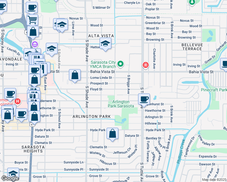 map of restaurants, bars, coffee shops, grocery stores, and more near 2590 Floyd Street in Sarasota