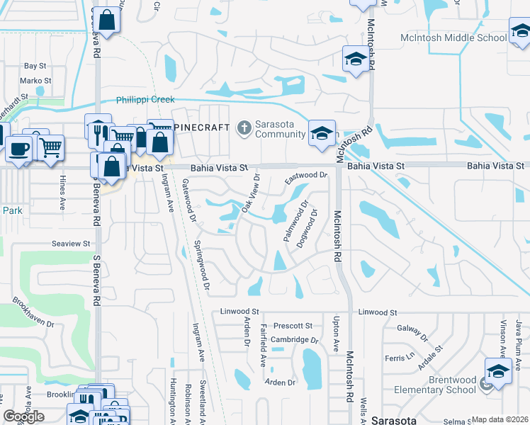 map of restaurants, bars, coffee shops, grocery stores, and more near 1371 Oak View Drive in Sarasota