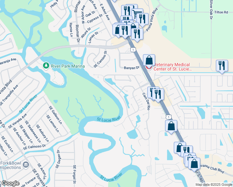 map of restaurants, bars, coffee shops, grocery stores, and more near 85 Camino Del Rio in Port St. Lucie