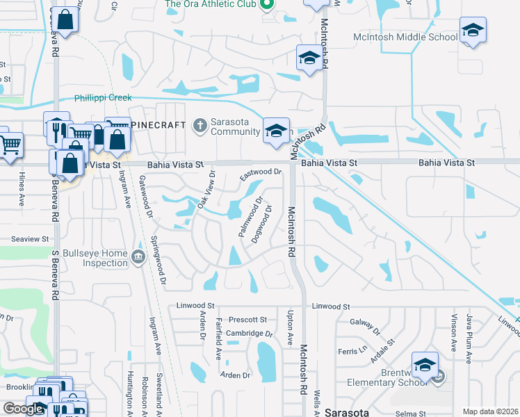 map of restaurants, bars, coffee shops, grocery stores, and more near 1370 Palmwood Drive in Sarasota