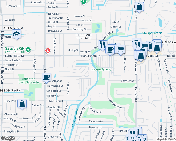 map of restaurants, bars, coffee shops, grocery stores, and more near 3152 Saralake Drive South in Sarasota