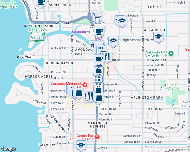 map of restaurants, bars, coffee shops, grocery stores, and more near 1414 South Tamiami Trail in Sarasota