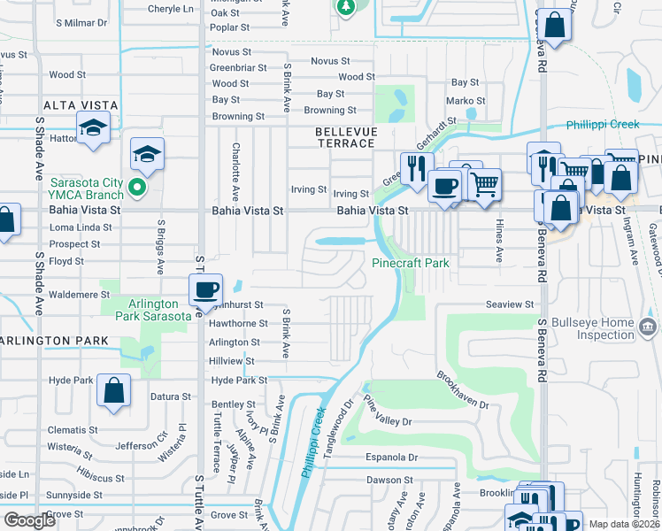 map of restaurants, bars, coffee shops, grocery stores, and more near 3056 Viola Drive in Sarasota