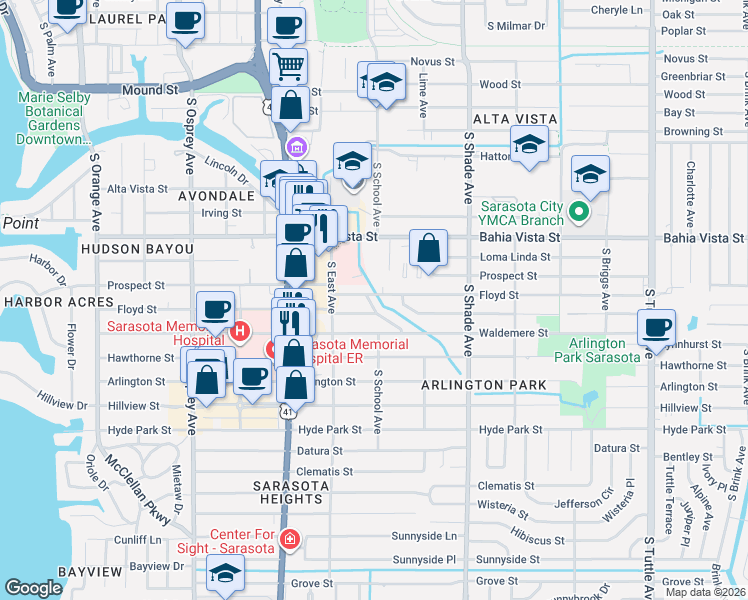 map of restaurants, bars, coffee shops, grocery stores, and more near 2205 Floyd Street in Sarasota