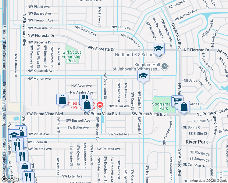 map of restaurants, bars, coffee shops, grocery stores, and more near 164 Northwest Broadview Street in Port St. Lucie