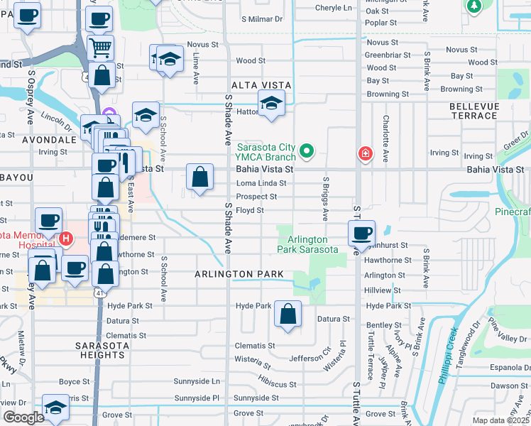 map of restaurants, bars, coffee shops, grocery stores, and more near 2525 Floyd Street in Sarasota