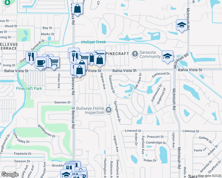 map of restaurants, bars, coffee shops, grocery stores, and more near 3833 Gatewood Drive in Sarasota