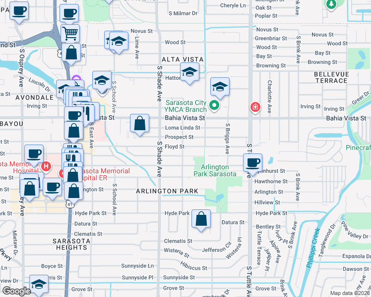 map of restaurants, bars, coffee shops, grocery stores, and more near 2525 Floyd Street in Sarasota