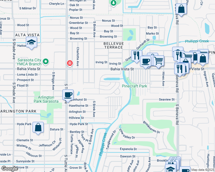 map of restaurants, bars, coffee shops, grocery stores, and more near 3056 Viola Drive in Sarasota