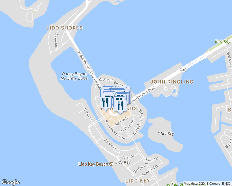 map of restaurants, bars, coffee shops, grocery stores, and more near 101 North Adams Drive in Sarasota