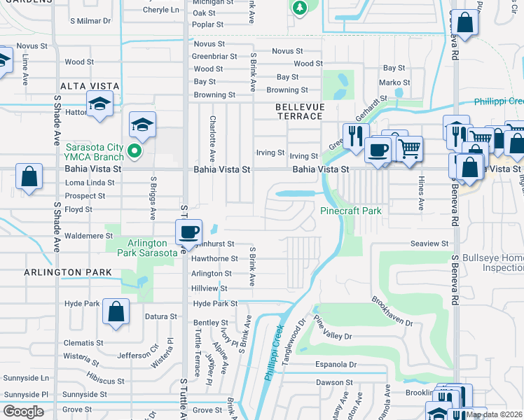map of restaurants, bars, coffee shops, grocery stores, and more near 3018 Saralake Drive North in Sarasota