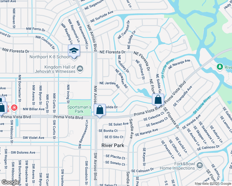 map of restaurants, bars, coffee shops, grocery stores, and more near 192 Northeast Tunison Avenue in Port St. Lucie