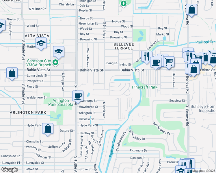 map of restaurants, bars, coffee shops, grocery stores, and more near 3018 Saralake Drive North in Sarasota