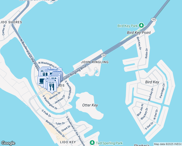 map of restaurants, bars, coffee shops, grocery stores, and more near 700 John Ringling Boulevard in Sarasota