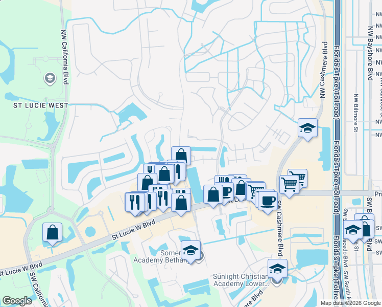 map of restaurants, bars, coffee shops, grocery stores, and more near 233 Northwest Zanzibar Place in Port St. Lucie
