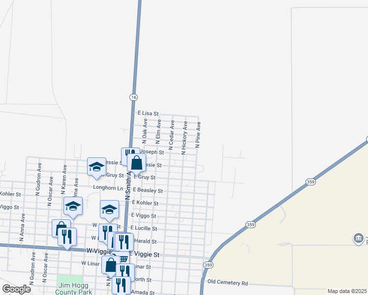 map of restaurants, bars, coffee shops, grocery stores, and more near 1551 North Hickory Avenue in Hebbronville