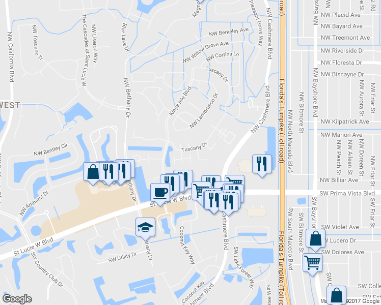 map of restaurants, bars, coffee shops, grocery stores, and more near 301 Northwest Tuscany Lane in Port St. Lucie
