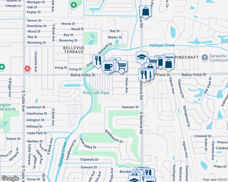 map of restaurants, bars, coffee shops, grocery stores, and more near 8 Clarinda Street in Sarasota