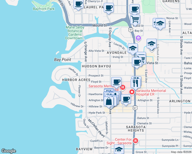 map of restaurants, bars, coffee shops, grocery stores, and more near 1684 Prospect Street in Sarasota