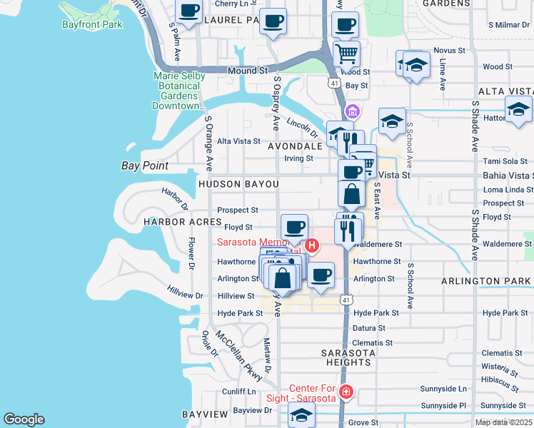 map of restaurants, bars, coffee shops, grocery stores, and more near 1762 Prospect Street in Sarasota