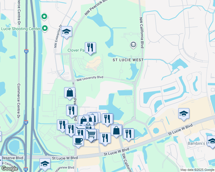 map of restaurants, bars, coffee shops, grocery stores, and more near 544 Northwest University Boulevard in Port St. Lucie