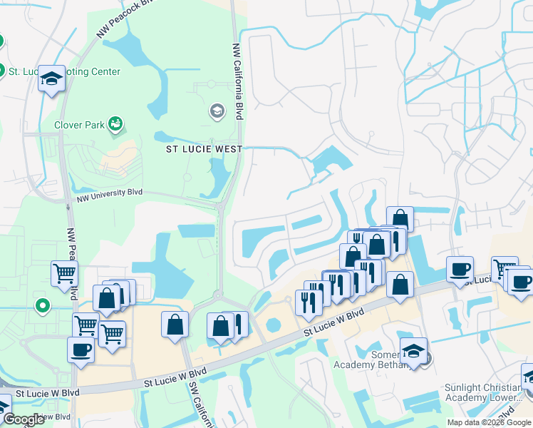 map of restaurants, bars, coffee shops, grocery stores, and more near 292 Northwest Bentley Circle in Port St. Lucie