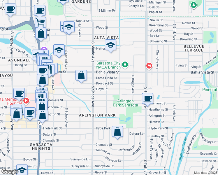 map of restaurants, bars, coffee shops, grocery stores, and more near 2525 Floyd Street in Sarasota