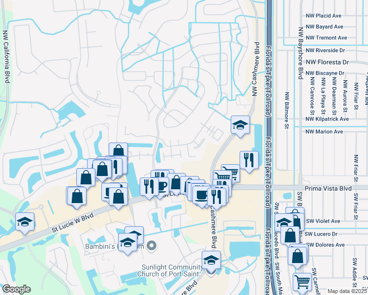 map of restaurants, bars, coffee shops, grocery stores, and more near 301 Northwest Tuscany Lane in Port St. Lucie