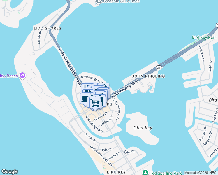 map of restaurants, bars, coffee shops, grocery stores, and more near 40 North Washington Drive in Sarasota