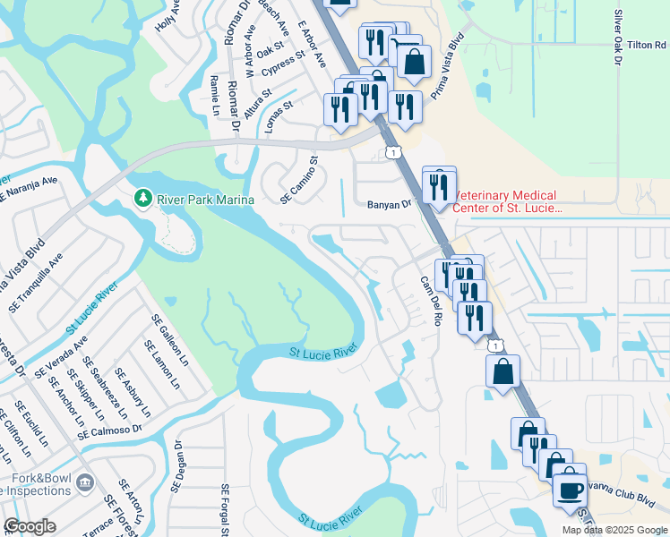 map of restaurants, bars, coffee shops, grocery stores, and more near 85 Camino Del Rio in Port St. Lucie
