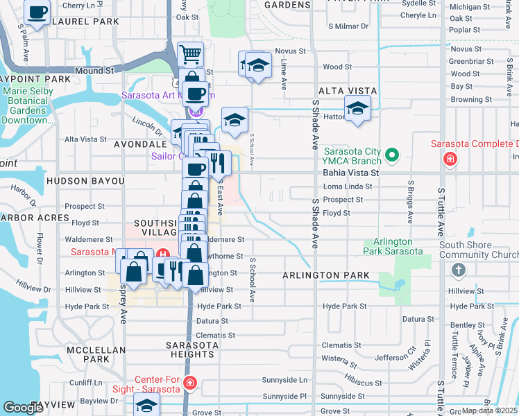 map of restaurants, bars, coffee shops, grocery stores, and more near 2205 Floyd Street in Sarasota