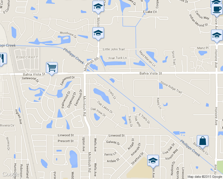map of restaurants, bars, coffee shops, grocery stores, and more near 4479 Trails Drive in Sarasota