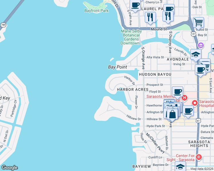 map of restaurants, bars, coffee shops, grocery stores, and more near 1372 Harbor Drive in Sarasota