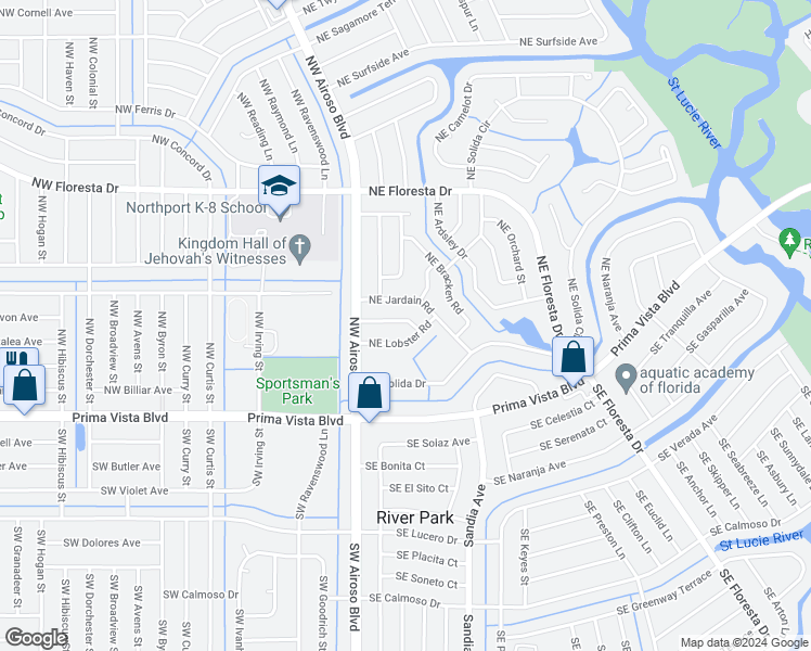 map of restaurants, bars, coffee shops, grocery stores, and more near 192 Northeast Tunison Avenue in Port St. Lucie