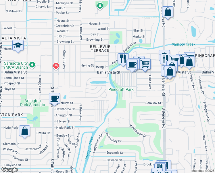 map of restaurants, bars, coffee shops, grocery stores, and more near 3152 Saralake Drive South in Sarasota