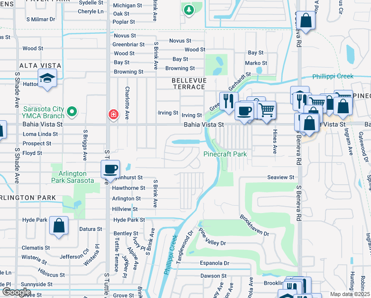 map of restaurants, bars, coffee shops, grocery stores, and more near 3056 Viola Drive in Sarasota
