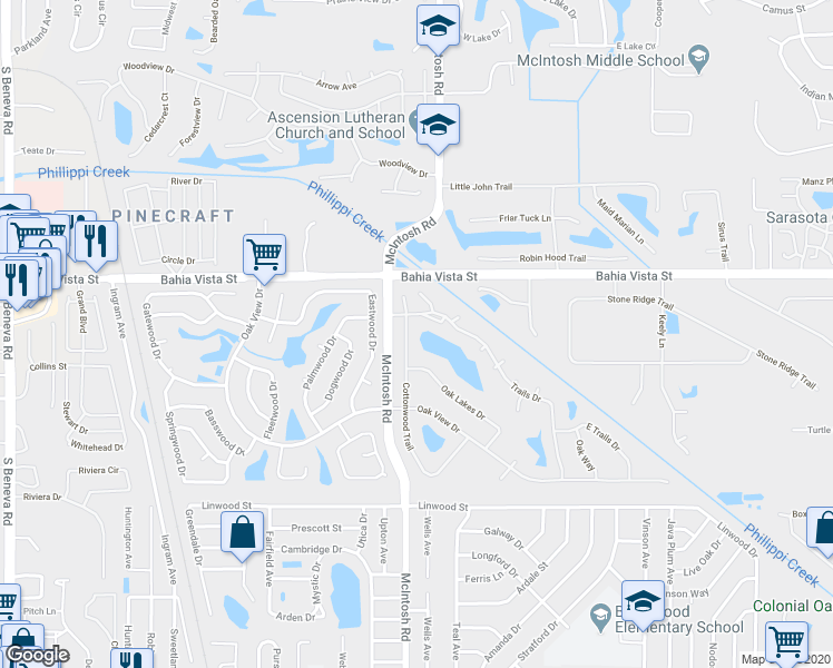 map of restaurants, bars, coffee shops, grocery stores, and more near 1327 Cottonwood Trail in Sarasota