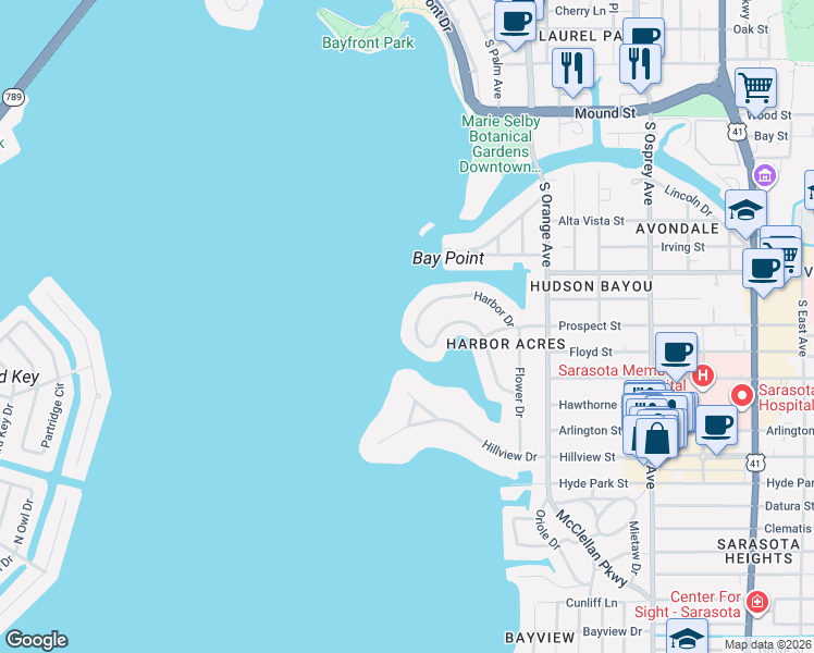 map of restaurants, bars, coffee shops, grocery stores, and more near 1372 Harbor Drive in Sarasota