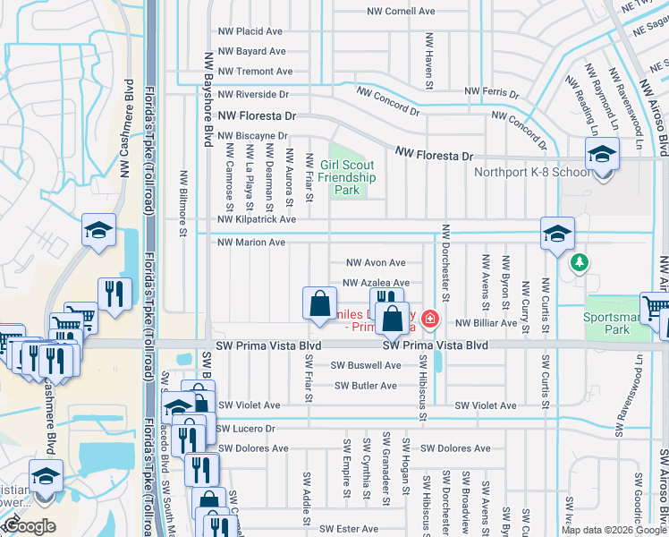 map of restaurants, bars, coffee shops, grocery stores, and more near 598 Northwest Avon Avenue in Port St. Lucie