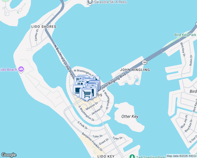 map of restaurants, bars, coffee shops, grocery stores, and more near 40 North Washington Drive in Sarasota