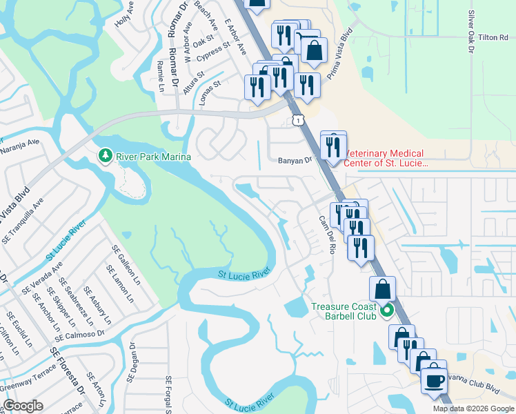 map of restaurants, bars, coffee shops, grocery stores, and more near 85 Camino Del Rio in Port St. Lucie
