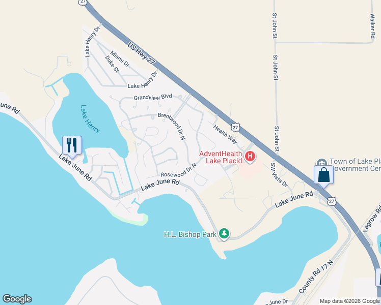 map of restaurants, bars, coffee shops, grocery stores, and more near 2-12 Brentwood Drive North in Lake Placid