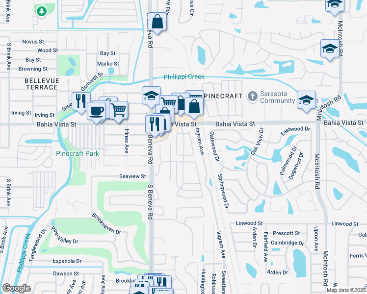 map of restaurants, bars, coffee shops, grocery stores, and more near 1418 Grand Boulevard in Sarasota