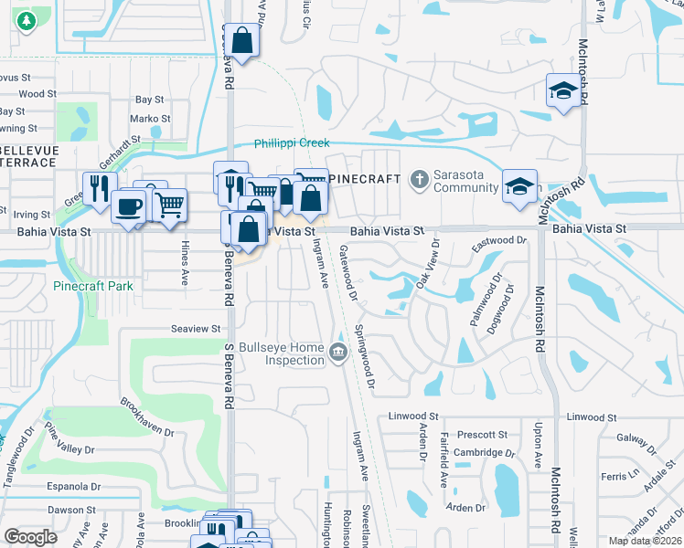 map of restaurants, bars, coffee shops, grocery stores, and more near 3833 Gatewood Drive in Sarasota