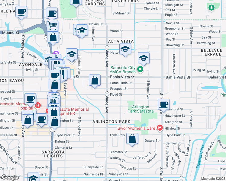 map of restaurants, bars, coffee shops, grocery stores, and more near 2438 Prospect Street in Sarasota