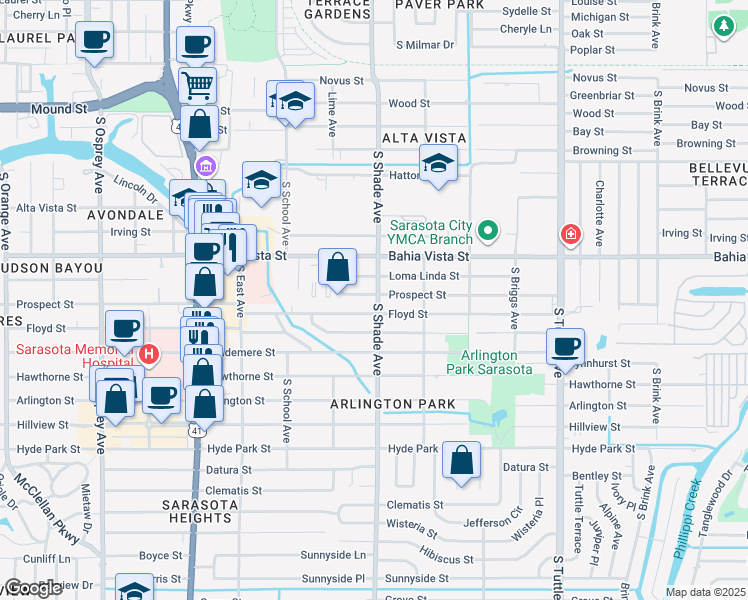 map of restaurants, bars, coffee shops, grocery stores, and more near 2365 Floyd Street in Sarasota