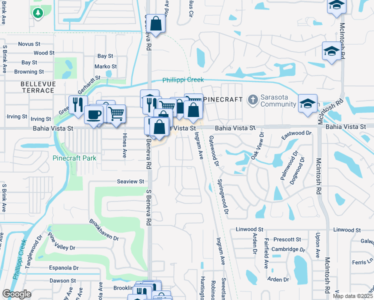 map of restaurants, bars, coffee shops, grocery stores, and more near 1344 Glendale Circle East in Sarasota