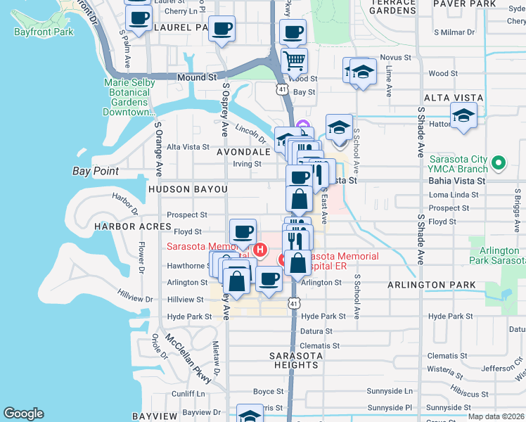 map of restaurants, bars, coffee shops, grocery stores, and more near 1379 Tearose Place in Sarasota