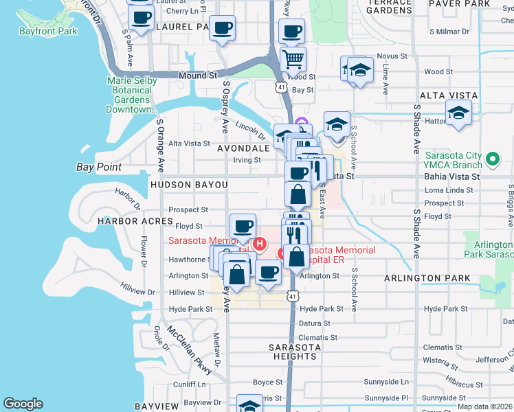 map of restaurants, bars, coffee shops, grocery stores, and more near 1379 Tearose Place in Sarasota