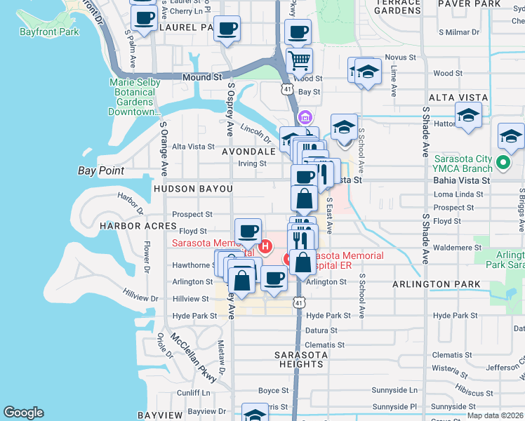 map of restaurants, bars, coffee shops, grocery stores, and more near 1891 Prospect Street in Sarasota